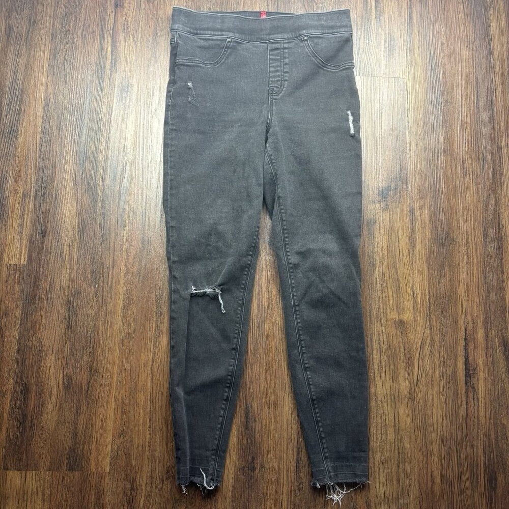 SPANX High Rise Skinny Pull On Jeans Black Wash Destroyed Women’s Size Medium